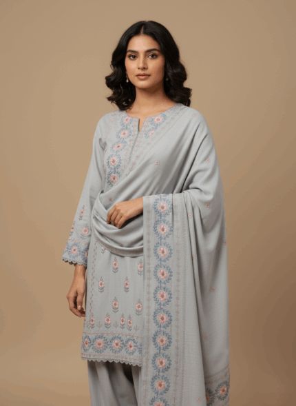 "Soft grey embroidered shawl with detailed pink and blue floral and leaf embroidery, folded neatly against a light background."