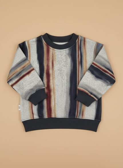 Striped multicolor kids sweater with ribbed cuffs, neckline, and hem in grey and brown tones.
