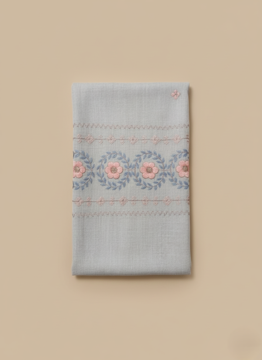 Soft grey embroidered shawl with detailed pink and blue floral and leaf embroidery, folded neatly against a light background.