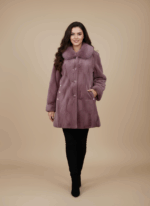 Women's lavender mink fur coat with fox fur collar, elegant button closure, and subtle pockets, ideal for winter luxury and warmth.
