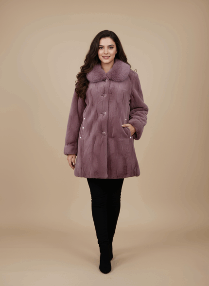 Women's lavender mink fur coat with fox fur collar, elegant button closure, and subtle pockets, ideal for winter luxury and warmth.