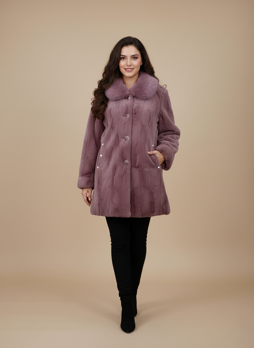 Women's Luxurious Lavender Mink Fur Coat with Fox Fur Collar Women's lavender mink fur coat with fox fur collar, elegant button closure, and subtle pockets, ideal for winter luxury and warmth.