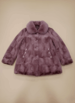 Women's lavender mink fur coat with fox fur collar, elegant button closure, and subtle pockets, ideal for winter luxury and warmth.