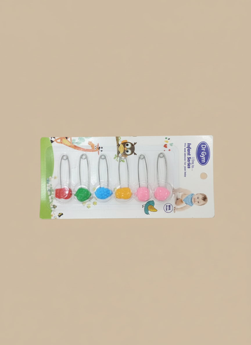 Set of six multi-color baby safety pins with protective caps for diaper and clothing use.