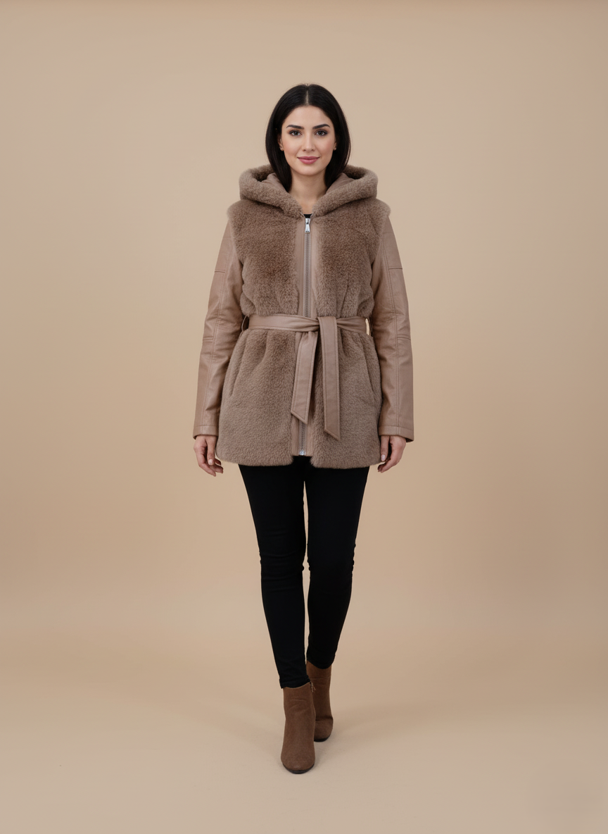 Women's Hooded Faux Fur & Leather Belted Jacket Women's hooded faux fur and leather belted jacket with brown faux fur body and brown leather sleeves on a light background.