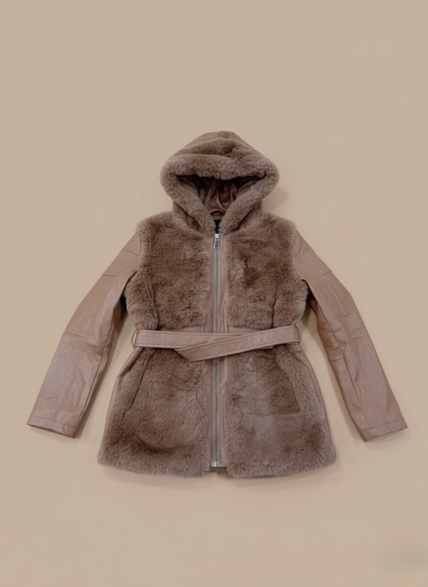Women's hooded faux fur and leather belted jacket with brown faux fur body and brown leather sleeves on a light background.