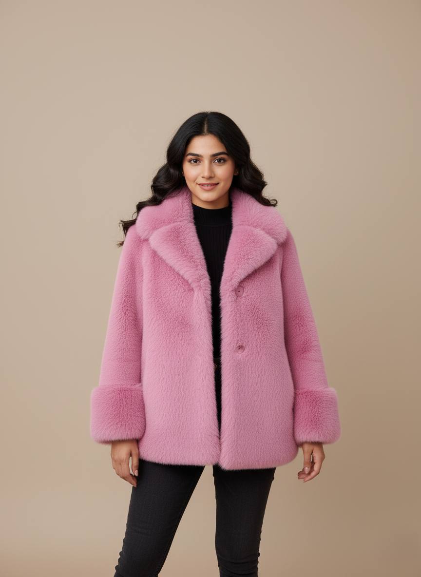Chic Pink Faux Fur Jacket for Women A vibrant pink faux fur jacket for women, featuring a classic collar and comfortable cuffs, displayed on a light background.