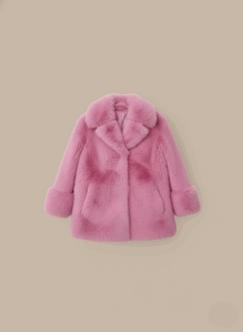A vibrant pink faux fur jacket for women, featuring a classic collar and comfortable cuffs, displayed on a light background.