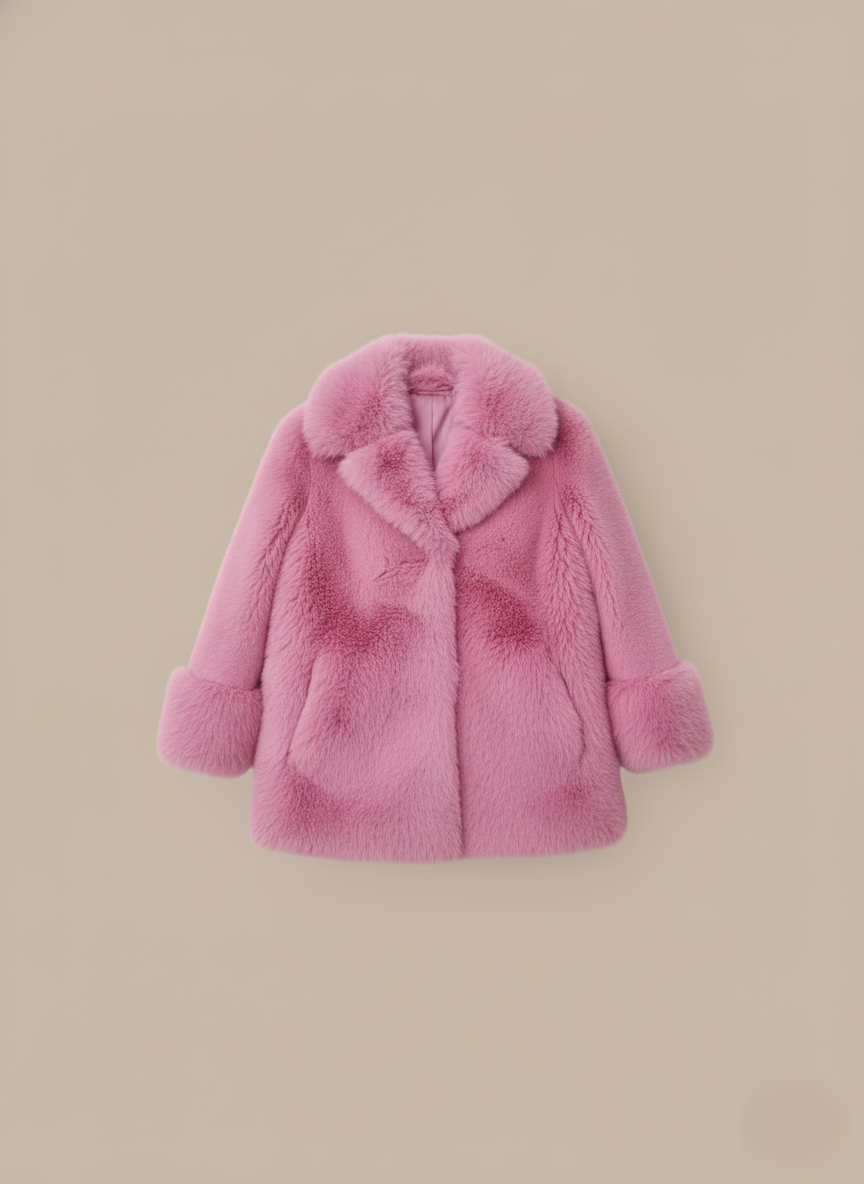 A vibrant pink faux fur jacket for women, featuring a classic collar and comfortable cuffs, displayed on a light background.
