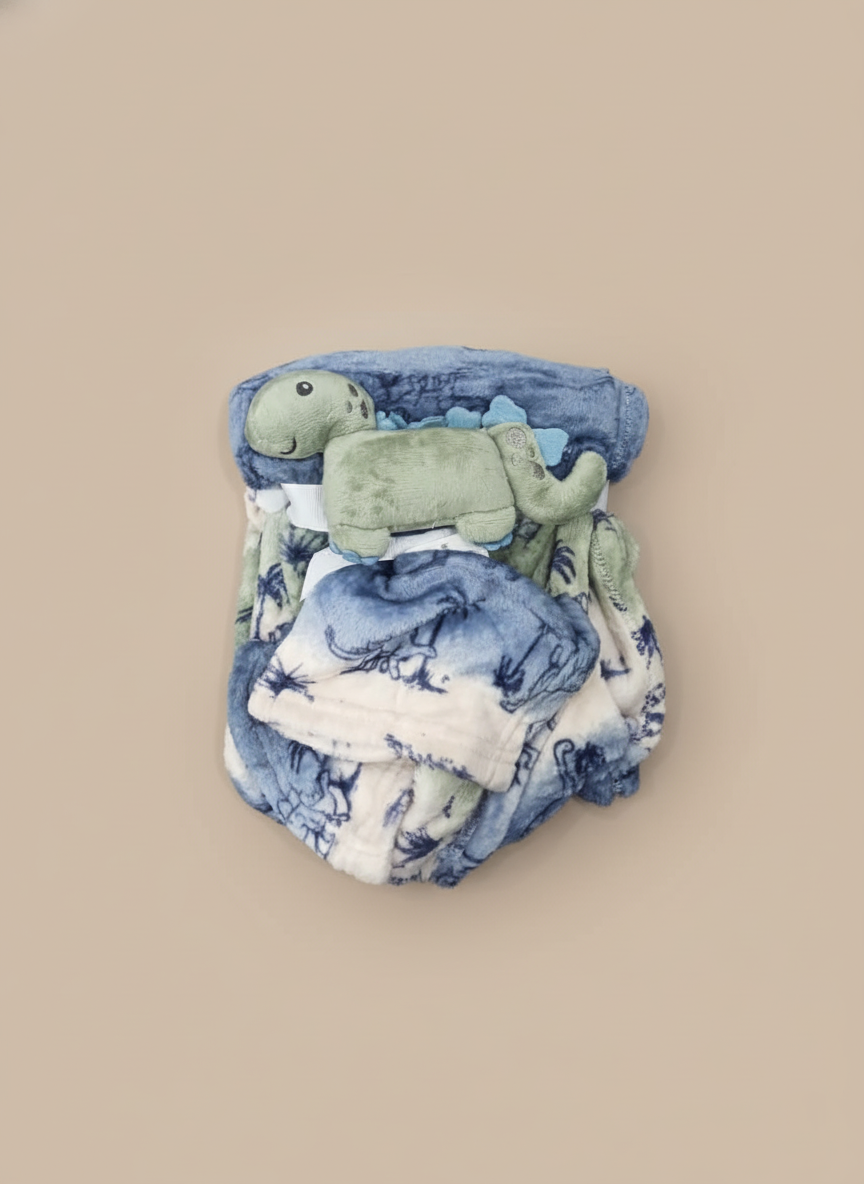 Blue baby blanket set with dinosaur plush toy made from soft fleece for newborn comfort and warmth.