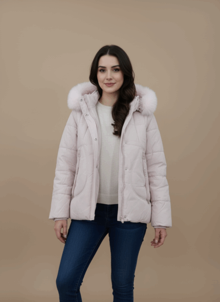 Girls pink puffer jacket with faux fur hood and zipper pockets.