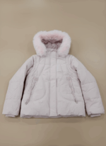 Girls pink puffer jacket with faux fur hood and zipper pockets.