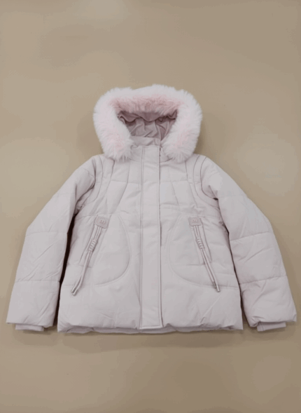 Girls pink puffer jacket with faux fur hood and zipper pockets.
