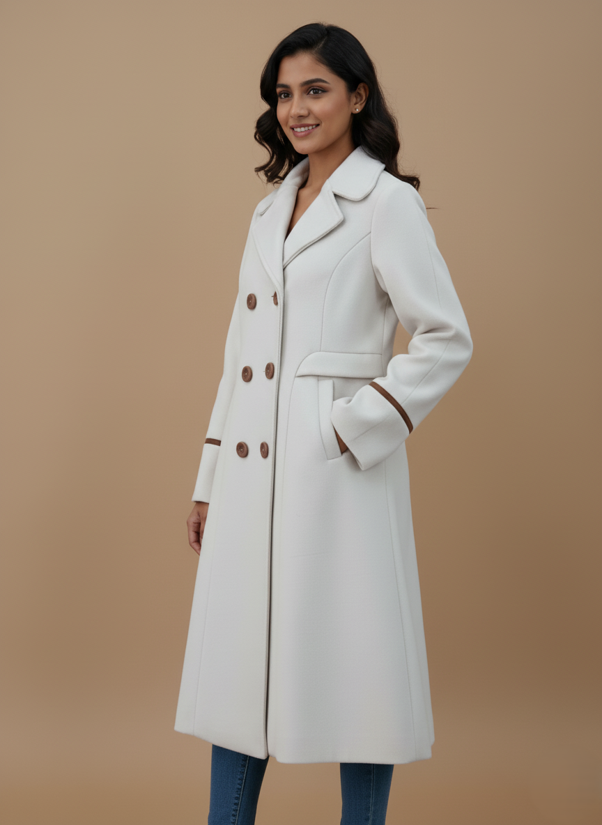 Elegant White Double-Breasted Women's Coat White double-breasted women's coat with brown buttons and sleeve accents, elegant long-sleeve outerwear for women.