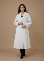 Elegant Long White Coat for Women with Classic Fit and Notched Lapel