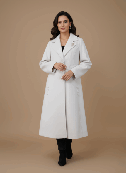 Elegant Long White Coat for Women with Classic Fit and Notched Lapel