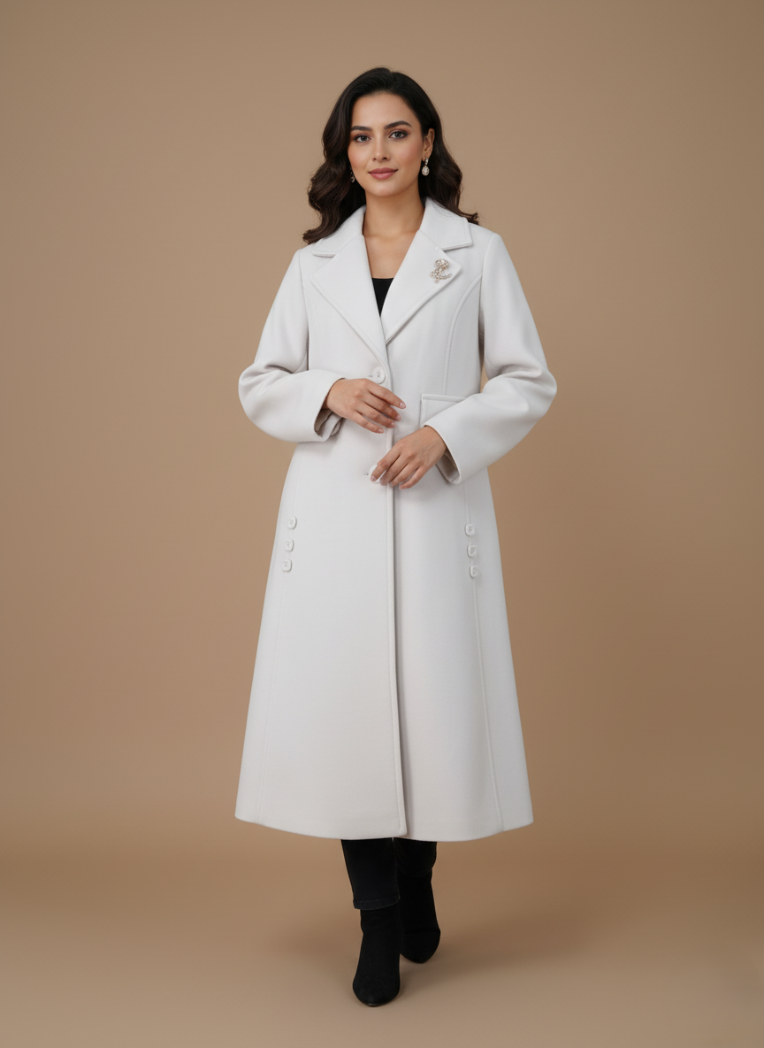 Elegant Long White Coat for Women Elegant Long White Coat for Women with Classic Fit and Notched Lapel