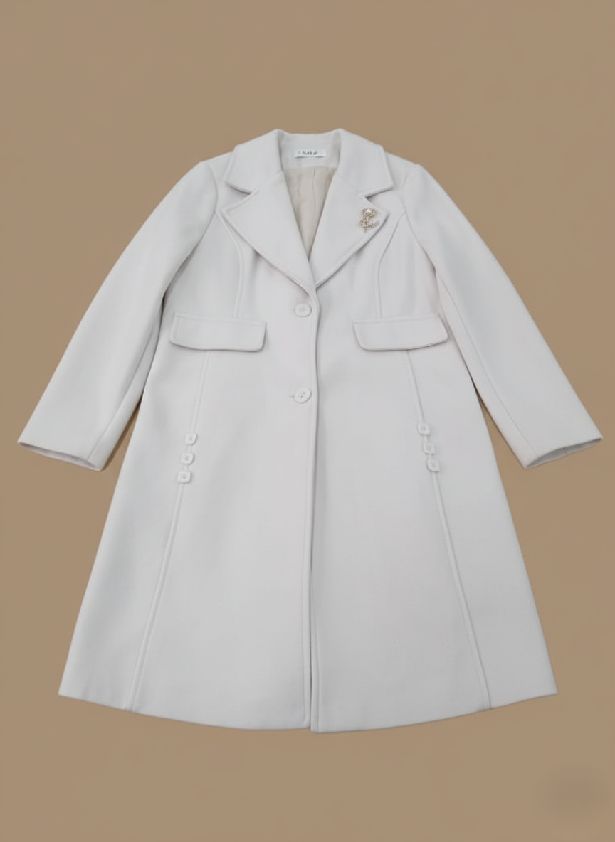 Elegant Long White Coat for Women with Classic Fit and Notched Lapel