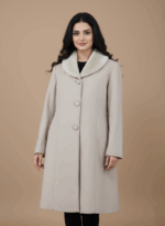 Women's vintage beige wool blend coat with a white faux fur collar, three front buttons, and two front pockets, displayed flat on a light brown background.