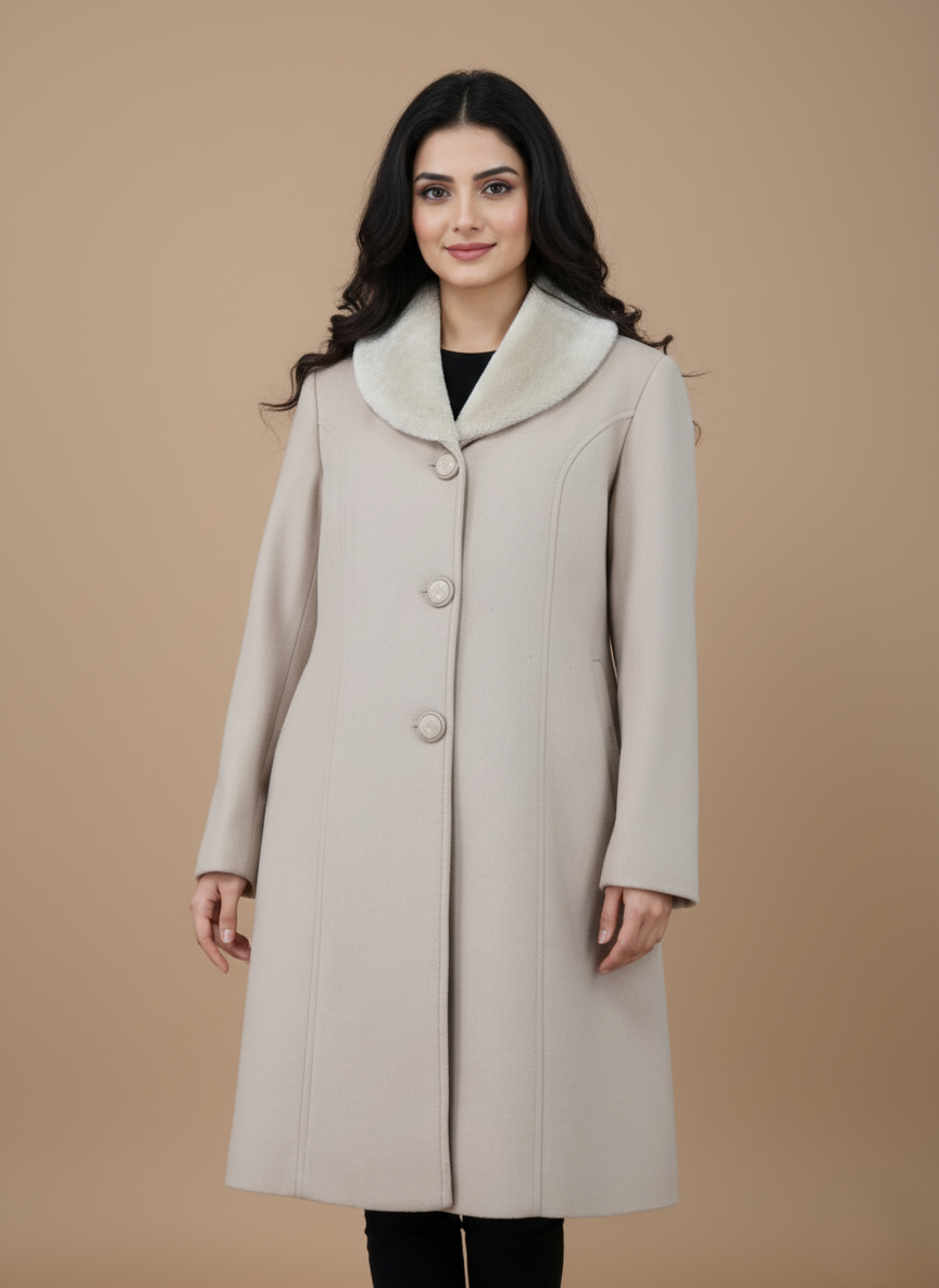 Women's Vintage Beige Wool Blend Coat Women's vintage beige wool blend coat with a white faux fur collar, three front buttons, and two front pockets, displayed flat on a light brown background.