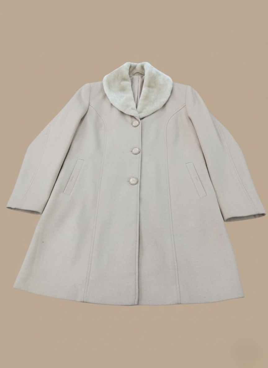 Women's vintage beige wool blend coat with a white faux fur collar, three front buttons, and two front pockets, displayed flat on a light brown background.