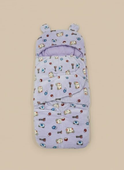 Lavender baby sleeping bag with bear ears, fleece newborn swaddle blanket for infant comfort