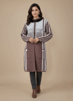Women's brown and white striped winter sweater with faux fur collar and white buttons on front pockets.