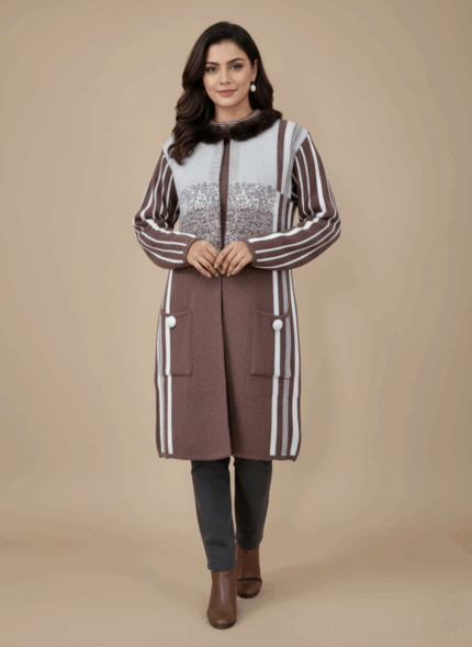 Women's brown and white striped winter sweater with faux fur collar and white buttons on front pockets.