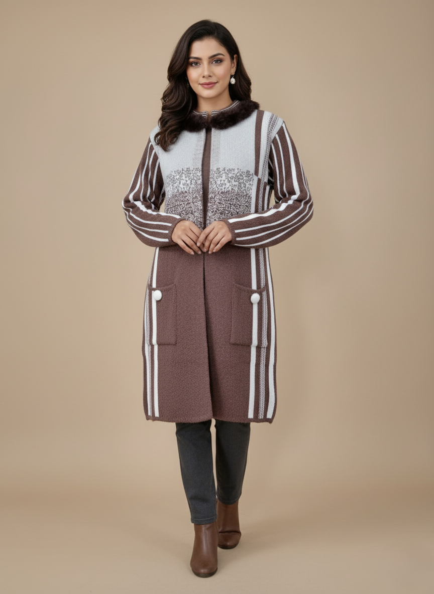 Women's Elegant Brown & White Striped Winter Sweater Women's brown and white striped winter sweater with faux fur collar and white buttons on front pockets.