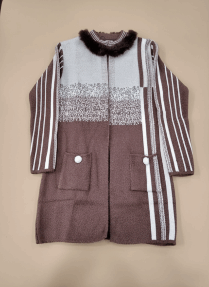Women's brown and white striped winter sweater with faux fur collar and white buttons on front pockets.