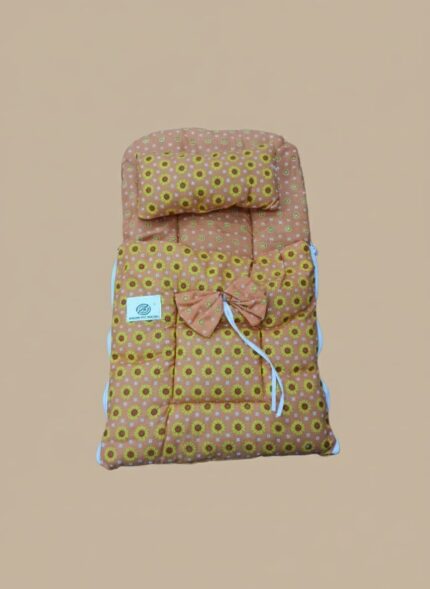 Soft baby sleeping bag with sunflower print and pillow for newborn comfort and warmth