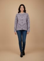 Women's lavender patterned knit cardigan sweater with grey abstract pattern, button front, and front pockets, displayed on a light background.