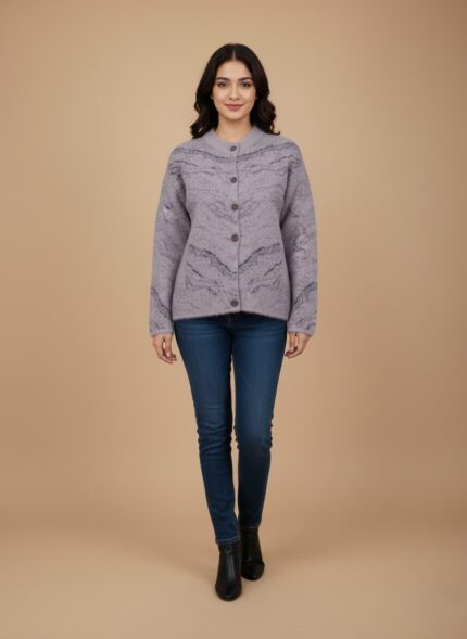 Women's lavender patterned knit cardigan sweater with grey abstract pattern, button front, and front pockets, displayed on a light background.
