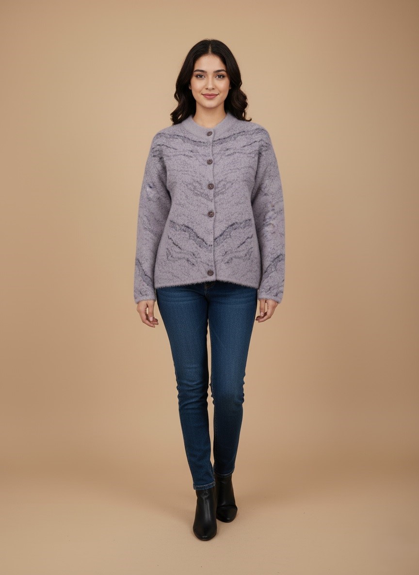 Women's Lavender Patterned Knit Cardigan Sweater Women's lavender patterned knit cardigan sweater with grey abstract pattern, button front, and front pockets, displayed on a light background.
