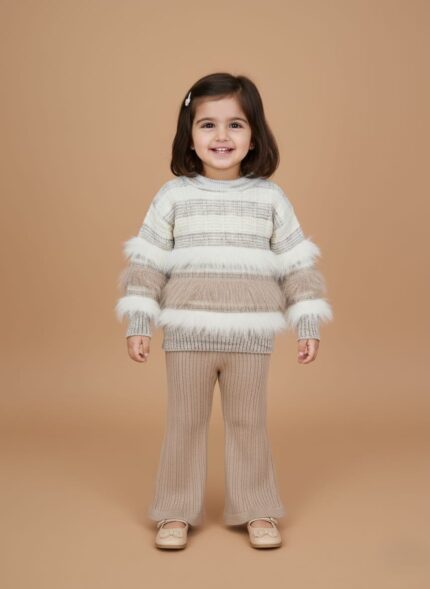 Beige striped girls sweater set with ribbed knit pants on flat background.