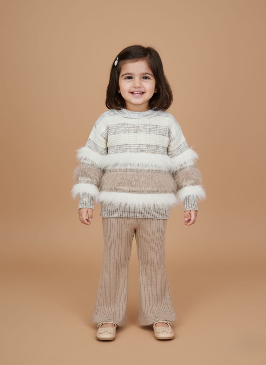 Cozy Girls Beige Sweater Set with Ribbed Pants Beige striped girls sweater set with ribbed knit pants on flat background.