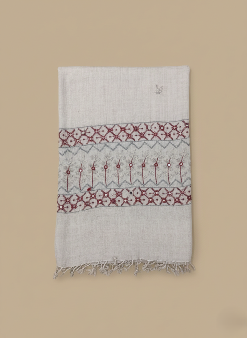 Handloom embroidered mirror work shawl with traditional red and grey thread embroidery and reflective mirrors, showcasing ethnic design and craftsmanship.