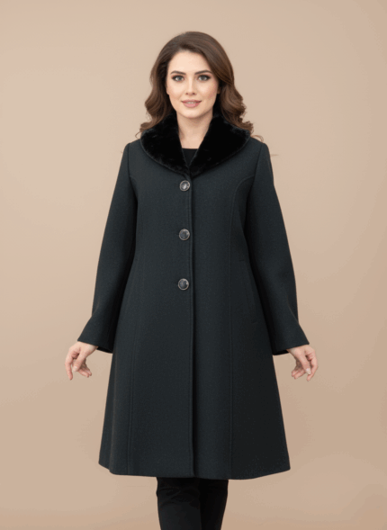 Women's Black Wool Coat with Faux Fur Collar and Button Closure