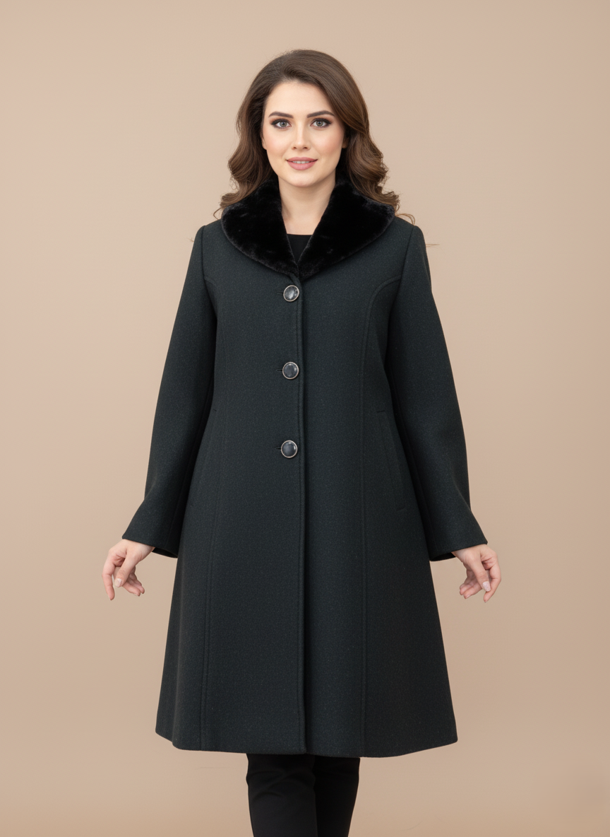 Women's Black Wool Coat Women's Black Wool Coat with Faux Fur Collar and Button Closure