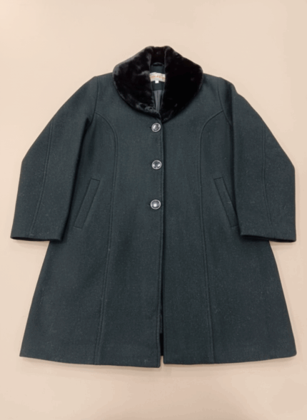 Women's Black Wool Coat with Faux Fur Collar and Button Closure