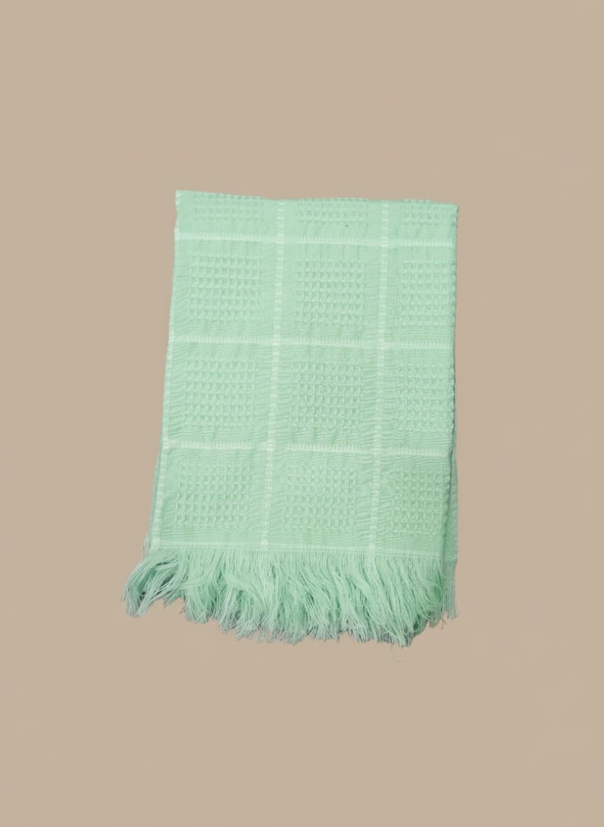 Soft Mint Green Throw Blanket with Fringed Edges Mint green throw blanket with grid design and fringed edges, folded neatly on beige background.