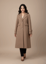 Women's wool blend single-breasted trench coat in camel color, laid flat to showcase details like the notched lapels, front buttons, pocket flaps, and decorative cuff and side buttons.