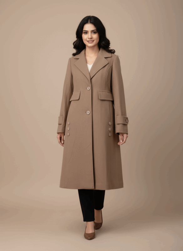 Women's wool blend single-breasted trench coat in camel color, laid flat to showcase details like the notched lapels, front buttons, pocket flaps, and decorative cuff and side buttons.
