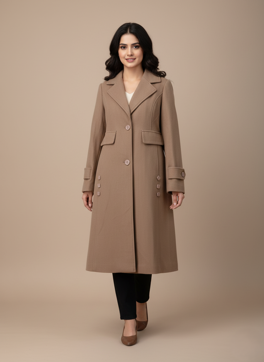 Women's Wool Blend Single-Breasted Trench Coat Women's wool blend single-breasted trench coat in camel color, laid flat to showcase details like the notched lapels, front buttons, pocket flaps, and decorative cuff and side buttons.