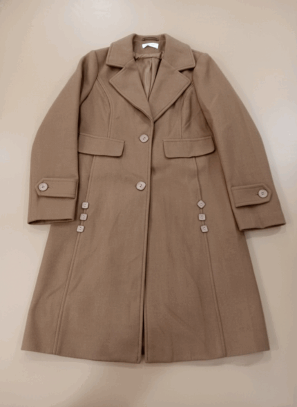 Alt Text: Women's wool blend single-breasted trench coat in camel color,