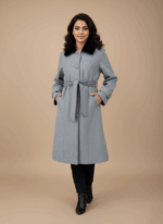 Women's grey wool blend coat with black faux fur collar and belt, hanging flat on a light background.