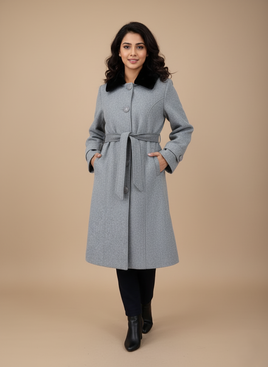 Women's Elegant Grey Wool Blend Coat Women's grey wool blend coat with black faux fur collar and belt, hanging flat on a light background.