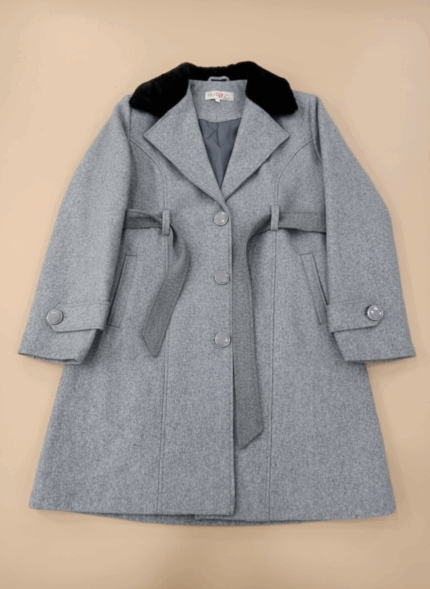 Women's grey wool blend coat with black faux fur collar and belt, hanging flat on a light background.