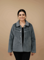 Women's grey faux fur jacket with clear buttons and two front pockets, laid flat on a neutral background.