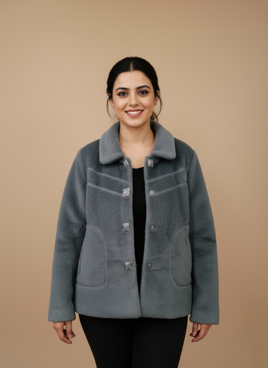 Chic Women's Faux Fur Jacket Women's grey faux fur jacket with clear buttons and two front pockets, laid flat on a neutral background.